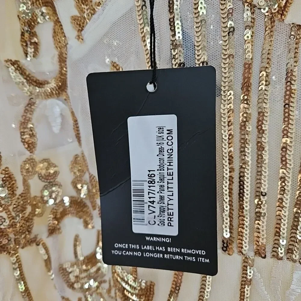gold strappy sheer panel sequin bodycon dress PRETTY LITTLE THING Size 12 new Womens dresses